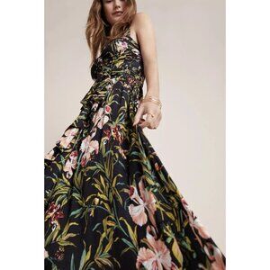 Anthropologie Maeve Gabriela Ruffled Black Floral Maxi Sweetheart Neck Dress L